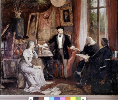 De gauche à droite : Cosima Wagner, Richard Wagner, Franz Liszt et Walsogen à la Villa Wahfried à Bayreuth. Peinture de Beckmann - Wilhelm Beckmann