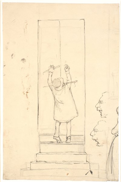 Un petit homme se tient sur la pointe des pieds pour ouvrir une porte avec un loquet. Croquis de profils et femme - Wilhelm Marstrand