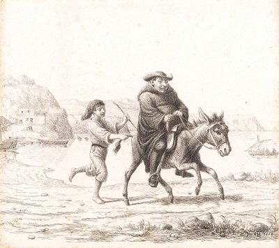 Un moine à cheval sur un âne suivi d