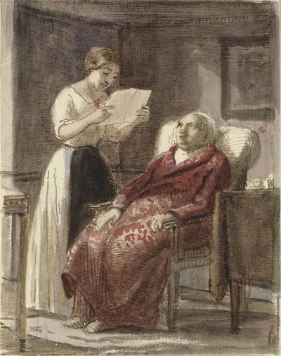 Une jeune fille lit une lettre à haute voix pour un vieil homme en robe rouge - Wilhelm Marstrand