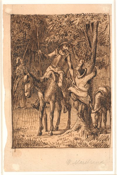 Avant le combat avec le chevalier au miroir, Don Quichotte aide Sancho Panza à monter dans un arbre - Wilhelm Marstrand