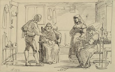 Intérieur où un jeune homme explique quelque chose à un moine assis, à droite une fille pleurant et une vieille femme - Wilhelm Marstrand
