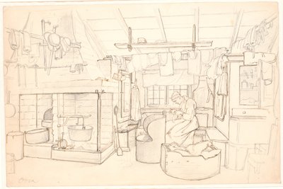 Maison paysanne suédoise avec femme cousant - Wilhelm Marstrand