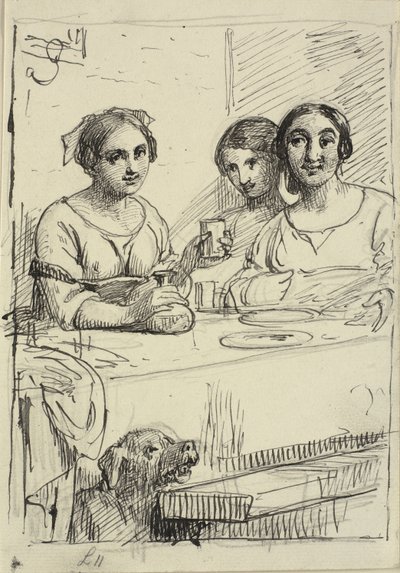 Trois filles à une table, un chien sous la table - Wilhelm Marstrand