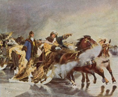Traversée du Grand Electeur sur la lagune de Courlande, janvier 1679 (lithographie couleur rehaussée) - Wilhelm Simmler