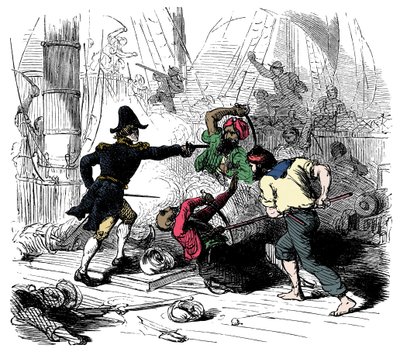 Combattre les pirates algériens Gravure tirée de "Sir Henry Morgan, Buccaneer". - Will Crawford