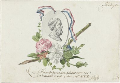 Vignette avec fleurs, médaillon de portrait et ruban - Willem Bilderdijk