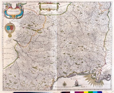 Carte couvrant le Languedoc - Roussillon - Montpellier - Toulouse - Avignon - Arles, dans "Theatrum Orbis Terrarum, sive Atlas Novus" par Willem Blaeu, Amsterdam. - Willem Blaeu
