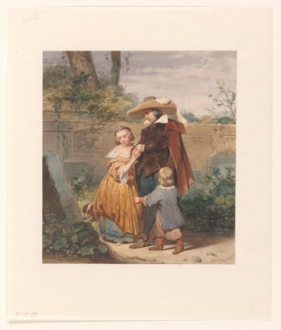 Un père avec deux enfants près de la tombe de la mère - Willem Hendrik Schmidt