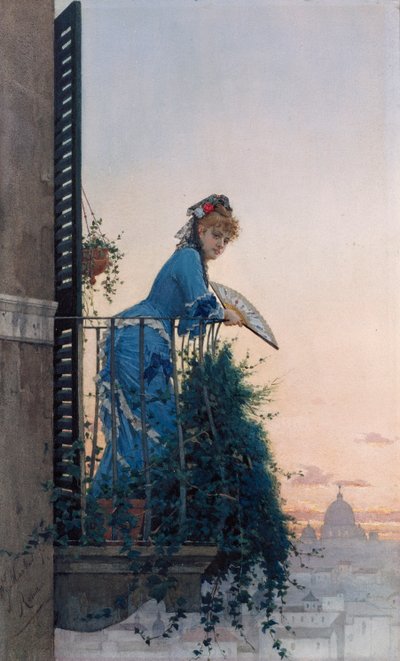 Une beauté élégante sur un balcon regardant Rome, avec le dôme de Saint-Pierre au loin - Willem Johannes Martens