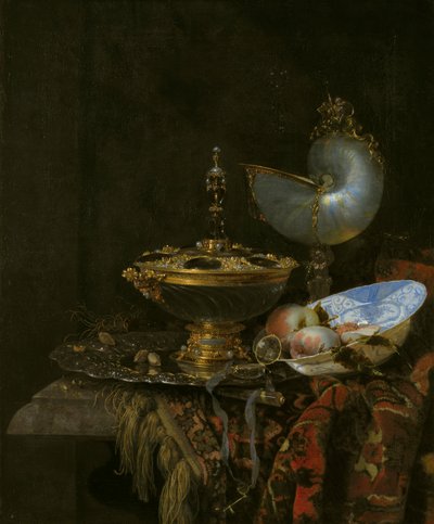 Danoise : Nature morte de Pronk avec bol Holbein, coupe Nautilus, gobelet en verre et plat à fruits - Willem Kalf