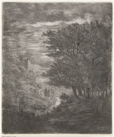 Paysage vallonné avec ruine et bateau sur l