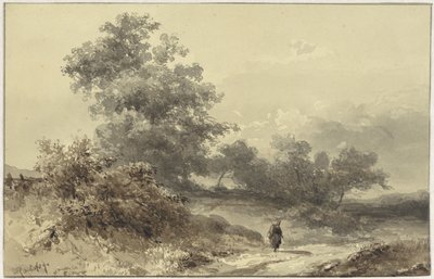 Paysage avec bosquet et une figure sur un chemin de campagne - Willem Roelofs (I)
