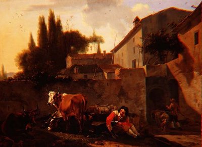 Un berger et du bétail dans la cour d