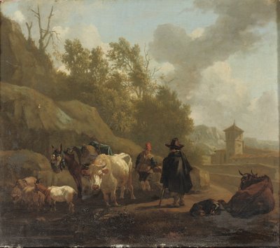 Un vacher et du bétail dans un paysage italianisant - Willem Romeyn