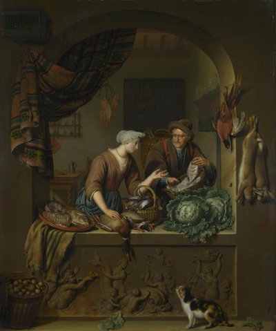 Une femme et un marchand de poissons dans une cuisine, 1713 - Willem Van Mieris