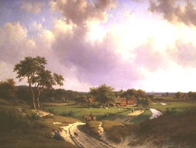 Paysage étendu avec une ferme et des paysans sur un chemin - Willem Vester
