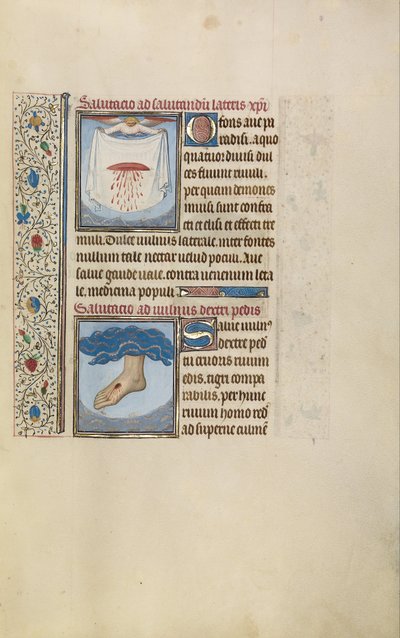Un ange tenant un linge avec la blessure saignante du Christ; Pied droit du Christ avec blessure - Willem Vrelant