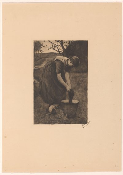 Paysanne lavant du linge dans un seau - Willem Witsen (signed by artist)