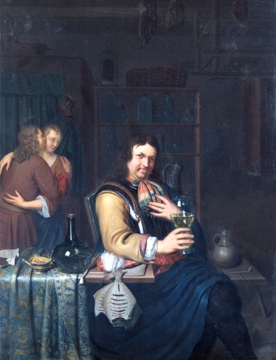 Intérieur avec un cavalier buvant et un couple s