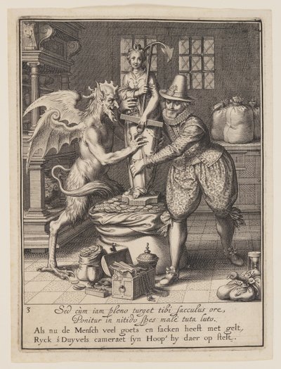 Un homme et le diable remplissent un sac d