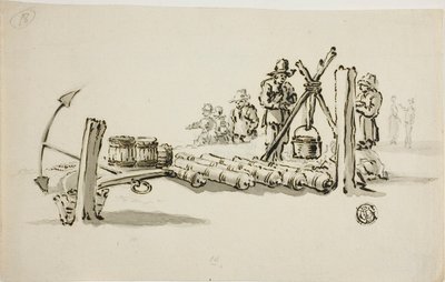 Des hommes avec des canons, des tonneaux de poudre et une ancre - Willem van de Velde I