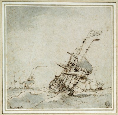 Un navire amiral, accélérant pour échapper à la tempête. Dessin de Willem van de Velde le Jeune (1633-1707), exécuté vers 1700 - Willem van de Velde the Younger