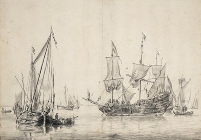 Voiliers et une frégate hollandaise séchant ses voiles. Dessin et lavis (26x37 cm), par William van de Velde l