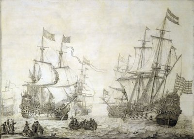 Deux navires marchands de la Compagnie néerlandaise des Indes orientales, quittant le rivage par vent calme - Willem van de the Elder Velde