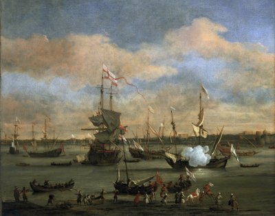 Navire marchand britannique dans un port de la mer Méditerranée - Willem van de Velde the Younger