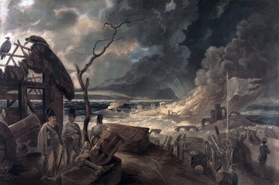 Les conséquences de la guerre, scène avec des soldats et des canons. Impression en couleur basée sur la peinture de William Hodges (1744-1797) - William (after) Hodges