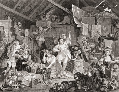 Comédiens ambulants répétant dans une grange, gravé par G Presbury, de The Works of Hogarth publié à Londres en 1833 - William (after) Hogarth