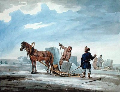 Transport de glace par traîneau tiré par des chevaux, de 