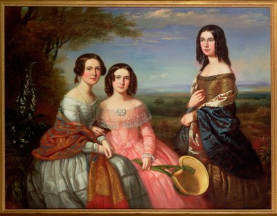 Portrait de groupe de trois filles, trois quarts de longueur, dans un paysage, 1849 - William Baker