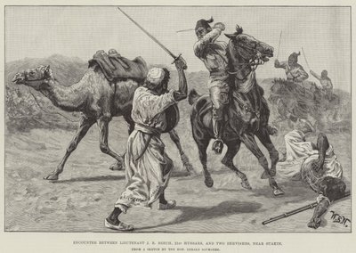 Rencontre entre le lieutenant J R Beech, 21e hussards, et deux derviches, près de Suakin - William Barnes Wollen