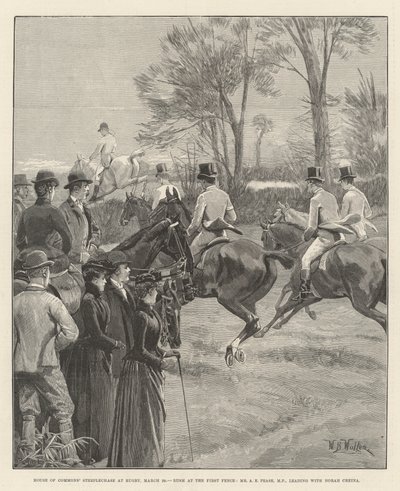 Steeplechase de la Chambre des communes à Rugby, 29 mars, ruée à la première clôture, M. A E Pease, MP, en tête avec Norah Creina - William Barnes Wollen