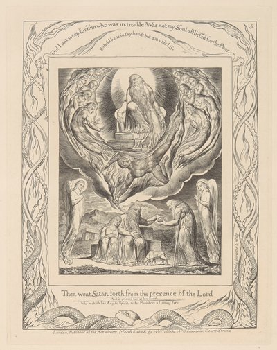 Livre de Job, Planche 5, Satan sortant de la Présence du Seigneur et la Charité de Job - William Blake