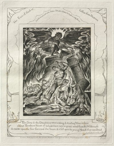 Le Livre de Job : Pl. 3, Tes fils et tes filles mangeaient et buvaient du vin dans la maison de leur frère aîné - William Blake