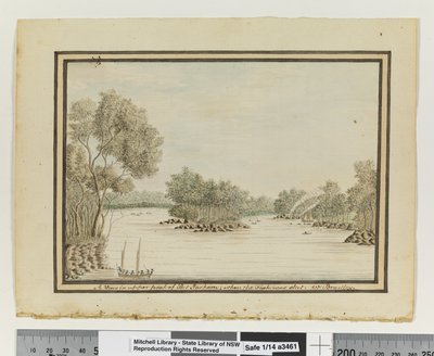 Opp. p. 120. `Vue dans la partie supérieure de Port Jackson; quand le poisson a été tiré.