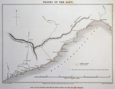 Carte des passages dans les Alpes Maritimes, route côtière entre Gênes et Nice - William Brockedon