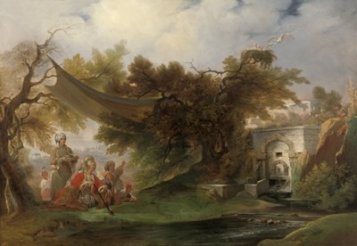 Paysage indien avec personnages près d