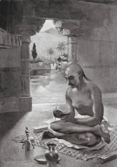 Kalidasa rédigeant le "Messager des nuages", 375 après J.-C. (lithographie) - William Douglas Almond