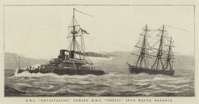 HMS Devastation remorquant HMS Thetis dans le port de Malte - William Edward Atkins