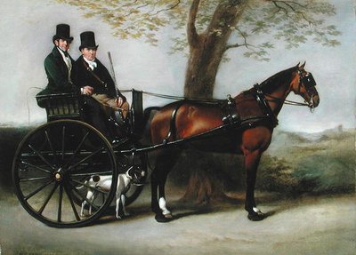 Deux gentilshommes dans une voiture tirée par un cob bai en route pour chasser avec leur pointeur - William Edward Frost
