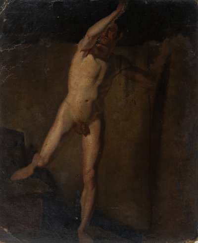 Homme nu debout, bras droit levé, pied droit reposant sur des blocs - William Etty