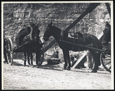 Photographie horizontale en noir et blanc de deux chariots tirés par des chevaux dans une carrière - William G. Swekosky