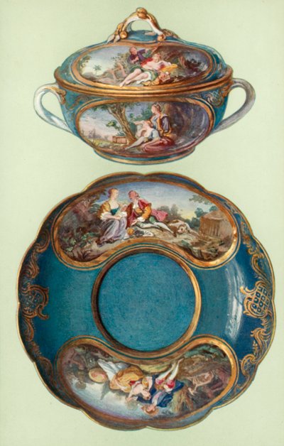 Écuelle et support, Sèvres, bleu turquoise, avec panneaux d