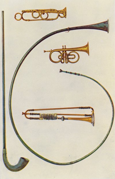 Instruments de musique : Lituus et Buccina, Cornet, Trompettes (lithographie en couleur) - William Gibb