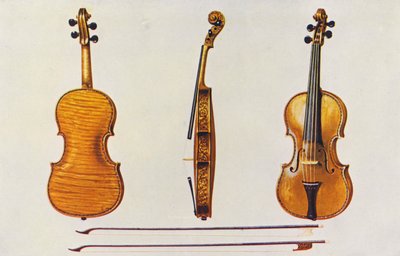 Instruments de musique : Violon, le Hellier Stradivarius, et deux anciens archets connus pour leur cannelure (lithographie en couleur) - William Gibb