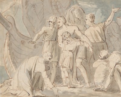 Sujet historique avec des hommes et un garçon près d